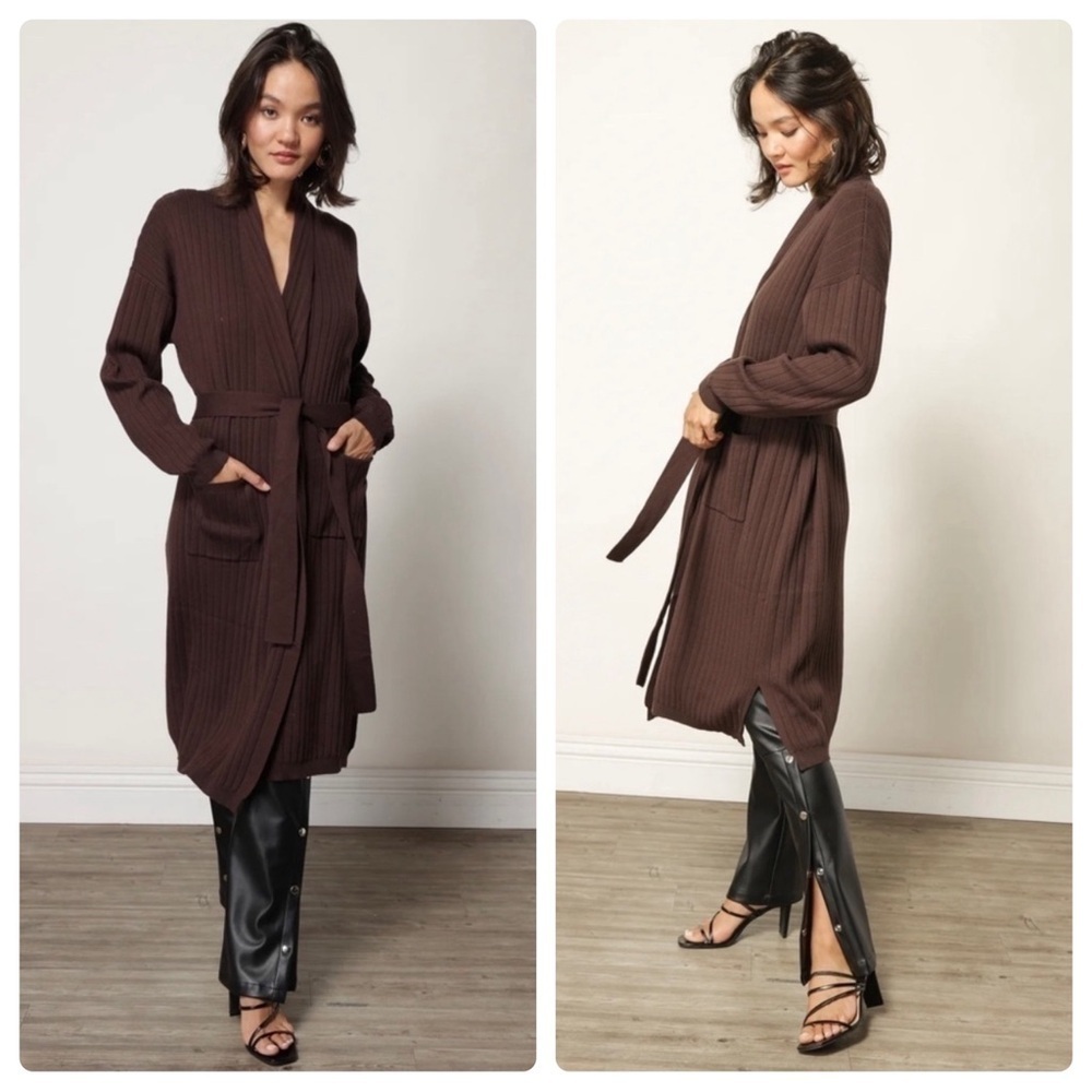 Line & Dot Long Belted Ribbed Cardigan in Brown Sz. Medium - NWT
